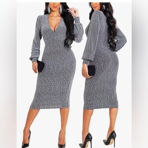 Grey Stretchy V Neck Cocktail Dress Medium